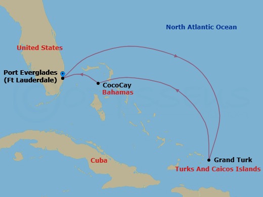 5 Night - Perfect Day Cococay & East Carib - Adventure of the Seas - Starting in Fort Lauderdale, Florida, Grand Turk, Turks and Caicos, Perfect Day Cococay, Bahamas, Fort Lauderdale, Florida itinerary map
