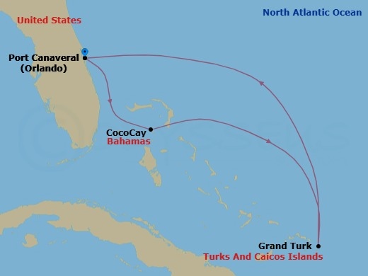 5 Night - Perfect Day Cococay & East Carib - Adventure of the Seas - Starting in Orlando (Port Canaveral), Fl, Perfect Day Cococay, Bahamas, Grand Turk, Turks and Caicos, Orlando (Port Canaveral), Fl itinerary map