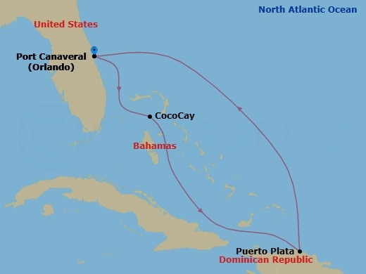 5 Night - Perfect Day Cococay & East Carib - Adventure of the Seas - Starting in Orlando (Port Canaveral), Fl, Perfect Day Cococay, Bahamas, Puerto Plata, Dominican Republic, Orlando (Port Canaveral), Fl itinerary map