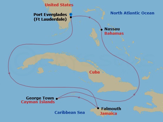 6 Night - Western Caribbean Cruise - Adventure of the Seas - Starting in Fort Lauderdale, Florida, Falmouth, Jamaica, George Town, Grand Cayman, Nassau, Bahamas, Fort Lauderdale, Florida itinerary map