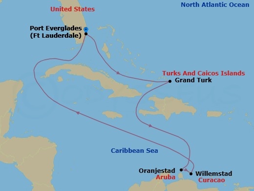 8 Night - Southern Caribbean Cruise - Adventure of the Seas - Starting in Fort Lauderdale, Florida, Grand Turk, Turks and Caicos, Oranjestad, Aruba, Willemstad AN, Curacao, Fort Lauderdale, Florida itinerary map