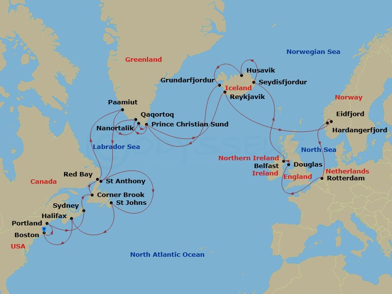 35 Night - Legendary Voyage of the Vikings : Solar Eclipse - Zuiderdam - Starting in Boston, Massachusetts, Portland ME, Sydney NS, Nova Scotia, Canada, Corner Brook, Newfoundland, Canada, Red Bay, Labrador, Canada, Paamiut (Frederikshab), Greenland, Nanortalik, Greenland, Cruising Prince Christian Sound, Reykjavik, Iceland, Eidfjord, Norway, Scenic cruising Hardangerfjord, Rotterdam, the Netherlands, Douglas, Isle of Man, United Kingdom, Belfast, Northern Ireland, United Kingdom, Seydisfjordur, Iceland, Scenic cruising Seydisfjordur, Husavik, Iceland, Grundarfjordur, Iceland, Solar Ecplise, Cruising Prince Christian Sound, Qaqortoq, Greenland, St Anthony, Newfoundland, Canada, St Johns NF, Newfoundland, Halifax, Nova Scotia, Canada, Boston, Massachusetts itinerary map