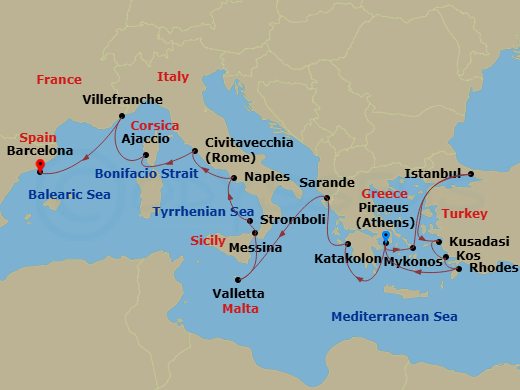 21 Night - Adriatic Splendor Collectors' Voyage - Oosterdam - Starting in Piraeus (Athens), Greece, Mykonos, Greece, Istanbul, Turkey, Kusadasi (Ephesus), Turkey, Kos, Greece, Rhodes, Greece, Piraeus (Athens), Greece, Katakolon (Olympia), Greece, Sarande, Albania, Valletta, Malta, Messina, Italy, Cruising Strait of Messina, Evening cruising Stromboli Volcano, Naples (Pompeii / Amalfi), Italy, Civitavecchia (Rome), Italy, Scenic cruising Bonifacio Strait, Ajaccio, Corsica, France, Villefranche-sur-Mer (Nice), France, Barcelona, Spain itinerary map