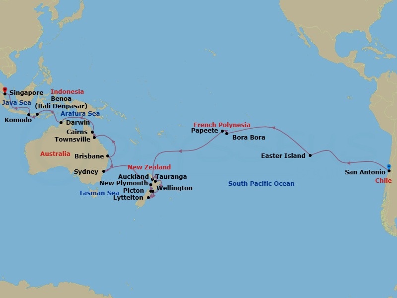 46 Night - Grand World Voyage - Volendam - Starting in San Antonio CL (Santiago), Chile, Easter Island, Chile, Cruising Pitcairn Island, Bahia d Opunoha, Moorea, French Polynesia, Papeete, French Polynesia, Bora Bora, French Polynesia, Cross International Dateline, Auckland, New Zealand, Tauranga (Rotorua), New Zealand, Wellington, New Zealand, Lyttelton (Christchurch), New Zealand, Picton, New Zealand, New Plymouth, New Zealand, Sydney AU, Brisbane, Australia, Townsville, Australia, Cairns, Australia, Scenic Cruising Torres Strait, Darwin, Australia, Slawi Bay, Komodo Island, Indonesia, Benoa (Denpasar), Bali, Indonesia, Crossing the Equator itinerary map