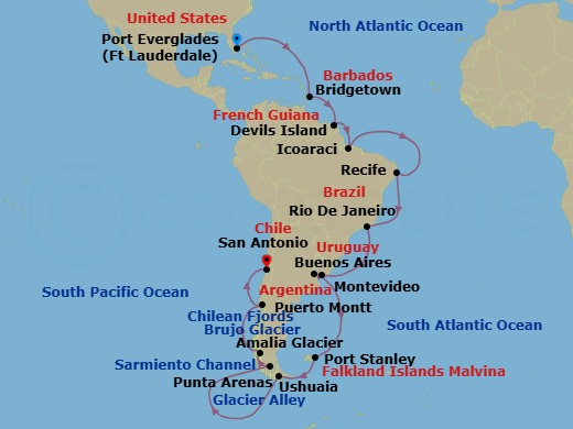 37 Night - Grand World Voyage - Volendam - Starting in Fort Lauderdale, Florida, Bridgetown, Barbados, Devils Island, French Guiana, Crossing the Equator, Icoaraci (Belem), Brazil, Recife, Brazil, Rio De Janeiro, Brazil, Montevideo, Uruguay, Buenos Aires, Argentina, Port Stanley, Falkland Islands, Antarctic, Drake Passage and Cape Horn, Ushuaia, Argentina, Beagle Channel, Daylight cruising Glacier Alley, Punta Arenas, Chile, Strait of Magellan, Scenic cruising Amalia or Brujo Glacier, Scenic cruising Sarmiento Channel, Cruising Chilean Fjords, Puerto Montt, Chile, San Antonio CL (Santiago), Chile itinerary map