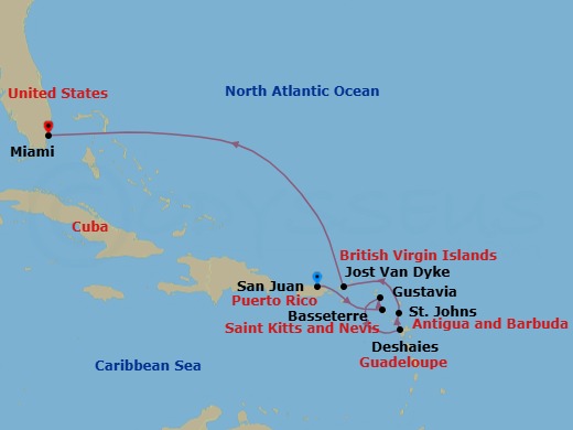 8 Night - San Juan to Miami - Silver Dawn - Starting in San Juan, St Kitts (Basseterre), Gustavia, St Barthelemy, Deshaies, St Johns, Jost Van Dyke, British Virgin Islands, Miami, Fl itinerary map