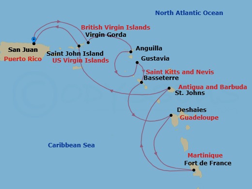 9 Night - San Juan to San Juan - Silver Dawn - Starting in San Juan, Spanish Town, Anguilla, Gustavia, St Barthelemy, St Kitts (Basseterre), Deshaies, Fort-de-France, St Johns, St John VI, San Juan itinerary map
