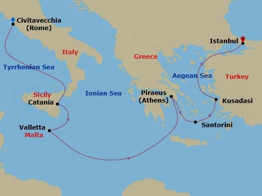 8 Night - Greek Isles & Italy - Norwegian Viva - Starting in Civitavecchia Rome, Italy, Catania, Italy, Valletta, Malta, Piraeus / Athens, Greece, Santorini Island, Greece, Kusadasi, Turkey, Istanbul, Turkey itinerary map
