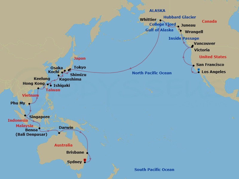 50 Night - Circle Pacific Liner (Los Angeles to Sydney) - Grand Princess - Starting in Los Angeles, California, San Francisco, California, Victoria CA, Vancouver, Canada, Wrangell, Alaska, Juneau, Alaska, Hubbard Glacier (Scenic Cruising), Alaska, College Fjord (Scenic Cruising), Alaska, Anchorage (Whittier), Alaska, Cross International Date Line, Tokyo, Japan, Shimizu (for Mount Fuji), Japan, Osaka (for Kyoto), Japan, Kochi, Japan, Kagoshima, Japan, Ishigaki, Japan, Taipei (Keelung), Hong Kong, Ho Chi Minh City (Phu My), Vietnam, Singapore, Bali (Benoa), Indonesia, Darwin, Australia, Brisbane, Australia itinerary map