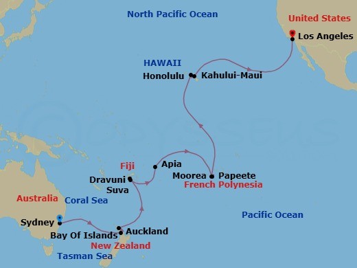 29 Night - Circle Pacific Segment (Sydney to Los Angeles) - Grand Princess - Starting in Sydney AU, Auckland, New Zealand, Bay of Islands, New Zealand, Suva, Fiji, Dravuni Island, Fiji, Apia, Western Samoa, Cross International Date Line, Tahiti (Papeete), French Polynesia, Moorea, French Polynesia, Honolulu, Hawaii, Kahului, Hawaii, Los Angeles, California itinerary map