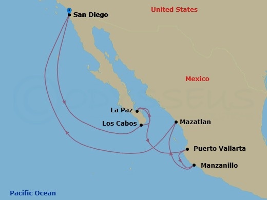 11 Night - Mexican Riviera & Sea of Cortez - Koningsdam - Starting in San Diego, California, Cabo San Lucas, Mexico, Pichilingue (La Paz), Mexico, Puerto Vallarta, Mexico, Manzanillo, Mexico, Mazatlan, Mexico, San Diego, California itinerary map