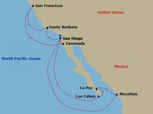 14 Night - Baja Peninsula & Classic California Coast - Koningsdam - Starting in San Diego, California, Cabo San Lucas, Mexico, Pichilingue (La Paz), Mexico, Mazatlan, Mexico, San Diego, California, Ensenada, Mexico, San Francisco, California, Santa Barbara, California, San Diego, California itinerary map