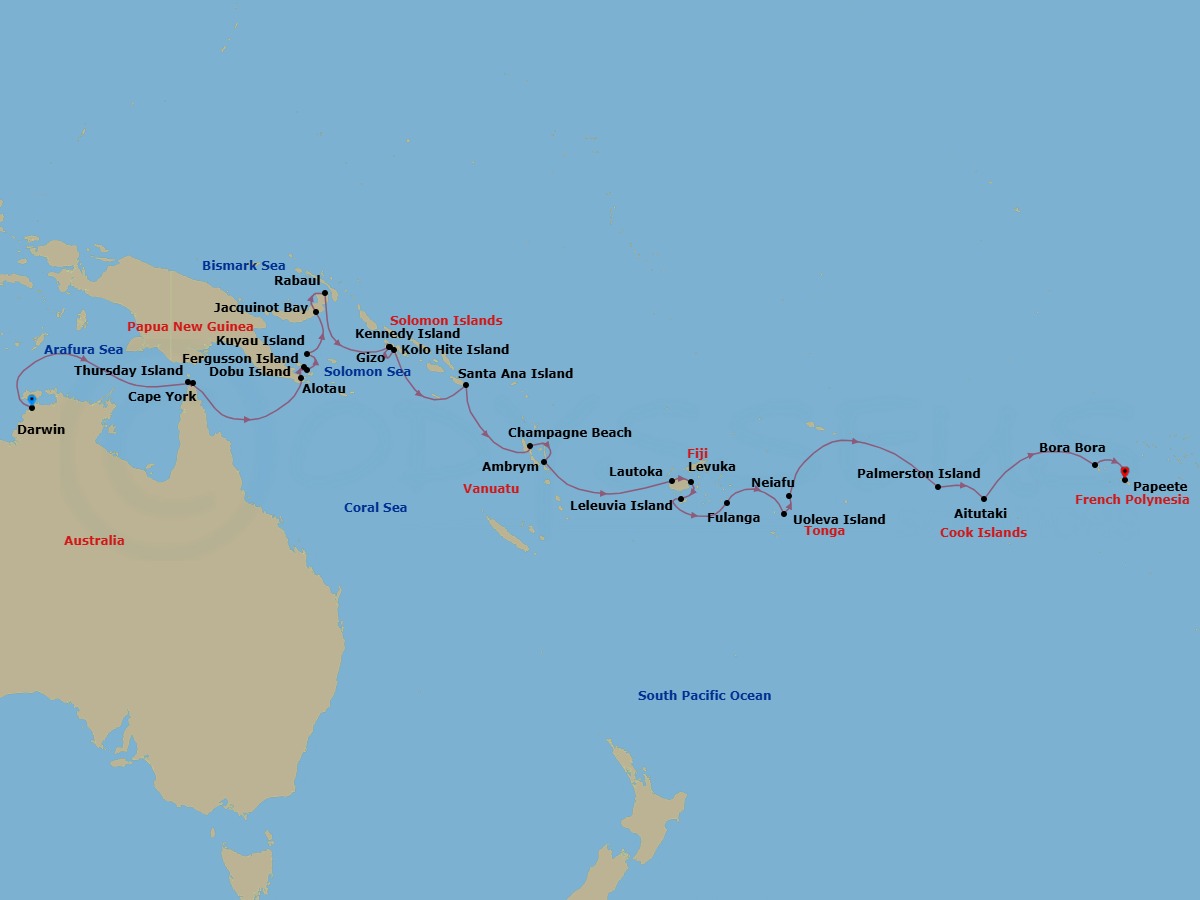 29 Night - South Pacific from Darwin to Papeete - Silver Cloud - Starting in Darwin, Cape York, Thursday Island, Alotau, Dei Dei Hot Springs, Dobu Island, Kuiawa Island, Jacquinot Bay, Rabaul, Gizo, Kennedy Island, Kolo Hite Island, Santa Ana, Champagne Beach, Ambrym Island, Lautoka, Levuka, Leleuvia Island, Fulaga, Uoleva Island, Neiafu, Date Line gain a day, Palmerston Island, Aitutaki, Bora Bora, Papeete itinerary map