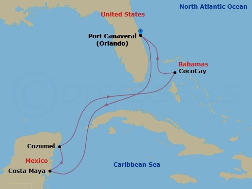 7 Night - Perfect Day Cococay & West Carib - Star of the Seas - Starting in Orlando (Port Canaveral), Fl, Puerto Costa Maya, Mexico, Cozumel, Mexico, Perfect Day Cococay, Bahamas, Orlando (Port Canaveral), Fl itinerary map