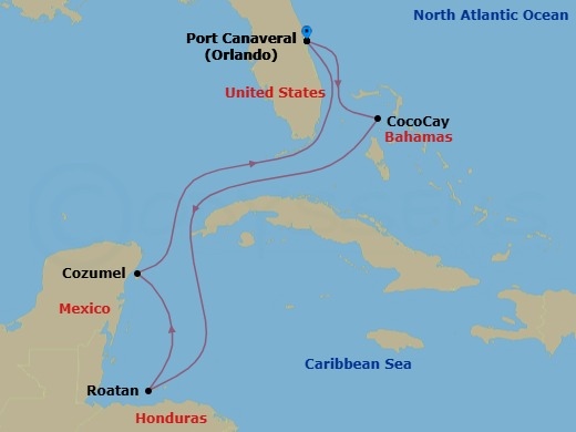 7 Night - Perfect Day Cococay & West Carib - Star of the Seas - Starting in Orlando (Port Canaveral), Fl, Perfect Day Cococay, Bahamas, Roatan, Honduras, Cozumel, Mexico, Orlando (Port Canaveral), Fl itinerary map