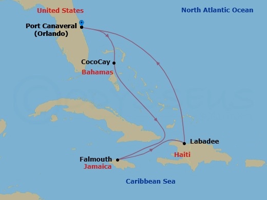 7 Night - Perfect Day Cococay & Carib Holiday - Star of the Seas - Starting in Orlando (Port Canaveral), Fl, Perfect Day Cococay, Bahamas, Falmouth, Jamaica, Labadee, Haiti, Orlando (Port Canaveral), Fl itinerary map