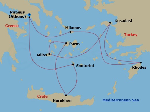 9 Night - Athens to Athens - Silver Nova - Starting in Athens (Piraeus), Santorini, Heraklion, Paros, Milos, Kusadasi, Rhodes, Mykonos, Athens (Piraeus) itinerary map