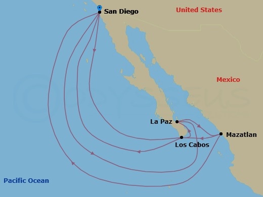 14 Night - Mexican Riviera & Baja Peninsula - Zuiderdam - Starting in San Diego, California, Pichilingue (La Paz), Mexico, Mazatlan, Mexico, Cabo San Lucas, Mexico, San Diego, California, Cabo San Lucas, Mexico, Pichilingue (La Paz), Mexico, Mazatlan, Mexico, San Diego, California itinerary map