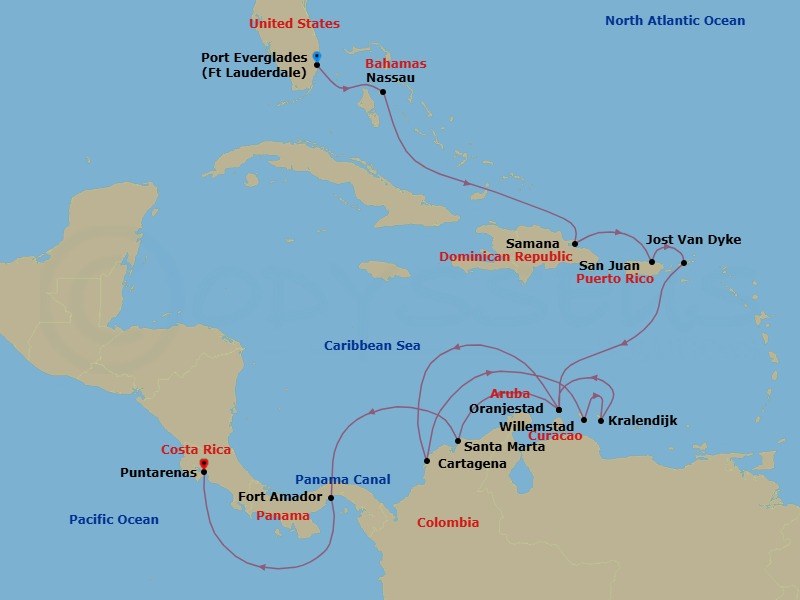 19 Night - The Americas & Caribbean - Crystal Serenity - Starting in Fort Lauderdale, Nassau (Paradise Island), Samana, San Juan, Jost Van Dyke, British Virgin Islands, Oranjestad, Aruba, Cartagena CO, Willemstad AN, Kralendijk, Oranjestad, Aruba, Santa Marta, Panama Canal Transit, Fuerte Amador (Panama City), Puntarenas itinerary map