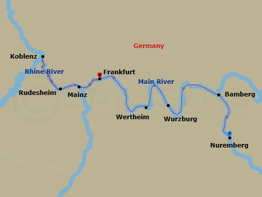 7 Night - Magical Christmas Markets of Germany - AmaPrima - Starting in Nuremberg, Bamberg, Wurzburg, Wertheim, Rudesheim, Koblenz, Mainz, Frankfurt itinerary map