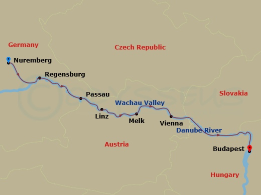 7 Night - Legendary Danube (Christmas Time) - AmaSonata - Starting in Nuremberg, Regensburg, Passau, Linz, Melk, Vienna, Budapest itinerary map