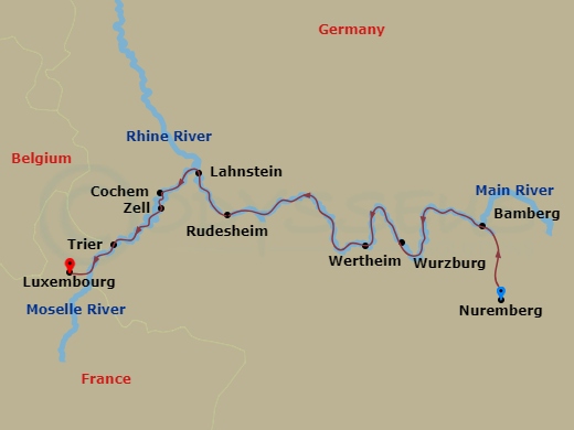 7 Night - Europe's Rivers & Castles - AmaPrima - Starting in Nuremberg, Bamberg, Wurzburg, Wertheim, Rudesheim, Lahnstein, Cochem, Zell, Trier, Luxembourg itinerary map