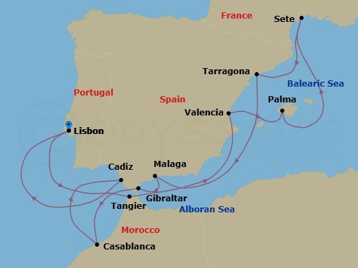 14 Night - Mediterranean Odyssey (Lisbon - Lisbon) - Celestyal Discovery - Starting in Lisbon, Portugal, Tangier, Morocco, Valencia, Spain, Palma De Mallorca, Spain, Sete, France, Tarragona, Spain, Malaga, Spain, Gibraltar, Casablanca, Morocco, Cadiz, Spain, Lisbon, Portugal itinerary map