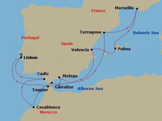 14 Night - Mediterranean Odyssey (Lisbon - Lisbon) - Celestyal Discovery - Starting in Lisbon, Portugal, Tangier, Morocco, Valencia, Spain, Palma De Mallorca, Spain, Marseille, France, Tarragona, Spain, Malaga, Spain, Gibraltar, Casablanca, Morocco, Cadiz, Spain, Lisbon, Portugal itinerary map