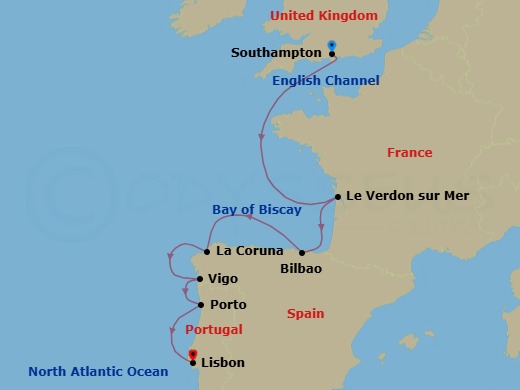 7 Night - Trails of the Vine - Oceania Marina - Starting in London (Southampton), Bordeaux (Le Verdon), Bilbao, La Coruna, Santiago De Compostela (Vigo), Oporto, Lisbon itinerary map