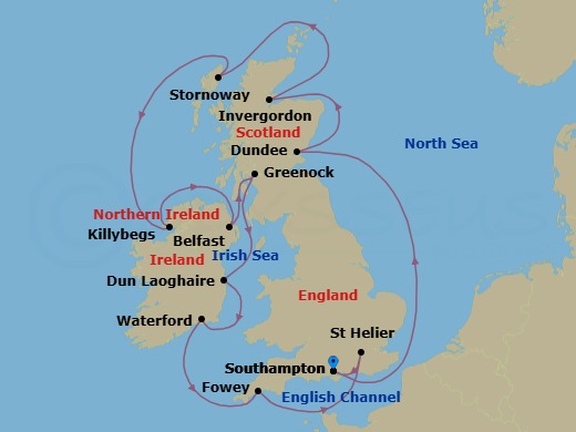 12 Night - Legends & Lore - Oceania Marina - Starting in London (Southampton), Dundee, Invergordon, United Kingdom, Stornoway (Hebrides), Killybegs, Belfast, Glasgow (Greenock), Dublin (Dun Laoghaire), Waterford, Fowey, St Helier, Jersey, London (Southampton) itinerary map