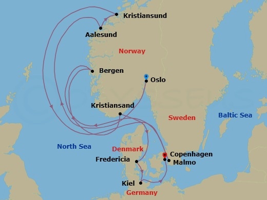 10 Night - Baltic & Northern Europe - Crystal Serenity - Starting in Oslo, Alesund, Kristiansund, Maloy, Bergen, Kristiansand, Fredericia, Kiel, Copenhagen itinerary map