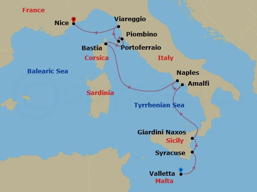 10 Night - Western Mediterranean from Valletta to Nice - Sea Cloud II - Starting in Valletta, Syracuse IT, Sicily, Italy, Giardini Naxos (Taormina) / Sicily, Amalfi, Naples, Bastia / Corsica, Piombino, Portoferraio / Elba, Viareggio, Nice itinerary map