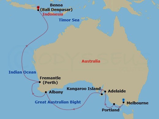 13 Night - Australia & New Zealand - Crystal Symphony - Starting in Melbourne, Portland AU, Adelaide, Kangaroo Island, Albany AU, Australia, Fremantle (Perth), Bali itinerary map