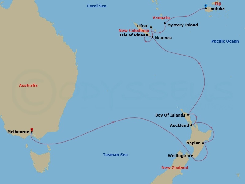 16 Night - South Pacific - Crystal Symphony - Starting in Lautoka, Mystery Island, Anelghowhat, Lifou, Noumea, Pine Island, Bay of Islands, Auckland, Napier, Wellington, Melbourne itinerary map