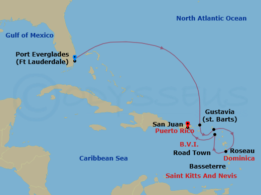 7 Night - The Americas & Caribbean - Crystal Serenity - Starting in Fort Lauderdale, Road Town, Gustavia, St Barthelemy, Roseau, St Kitts (Basseterre), San Juan itinerary map