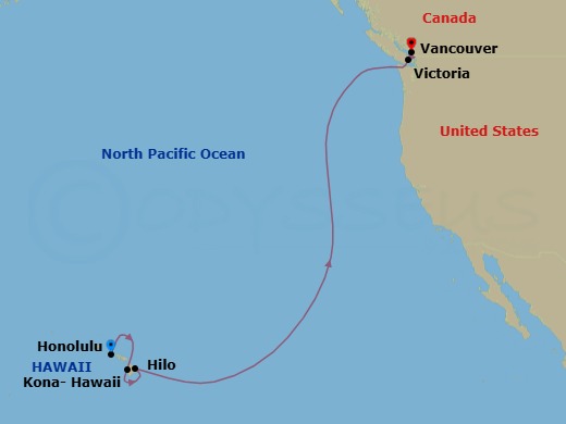 11 Night - Honolulu to Vancouver - Silver Whisper - Starting in Honolulu, Oahu, Hawaii, Kailua Kona, Hawaii, Hilo, Hawaii, Victoria CA, Canada, Vancouver itinerary map