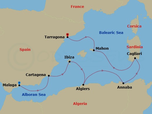 8 Night - Spring Awakening On the Mediterranean - L'Austral - Starting in Malaga, Cartagena ES, Ibiza, Balearic Islands, Algiers, Annaba, Cagliari, Sardinia, Mahon, Balearic Islands, Tarragona itinerary map