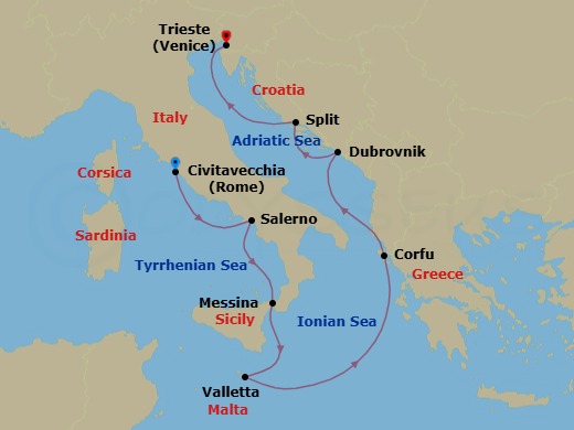 7 Night - Magical Mediterranean - Oceania Allura - Starting in Rome (Civitavecchia), Salerno, Messina (Sicily), Valletta, Corfu, Dubrovnik, Croatia, Split, Trieste itinerary map