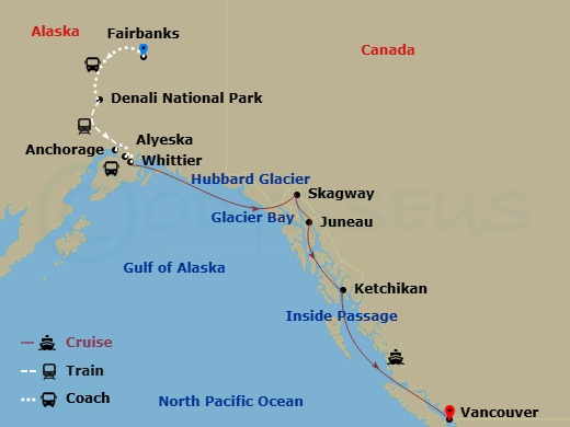 14 Night - Ultimate Denali Dal - Tour Dal - Nieuw Amsterdam Tours - Starting in Fairbanks, Denali National Park, Anchorage, Alaska, Alyeska, Whittier, Alaska, Cruising Hubbard Glacier, Glacier Bay, Skagway, Alaska, Juneau, Alaska, Ketchikan, Alaska, Scenic Cruising the Inside Passage, Vancouver, BC, CA itinerary map