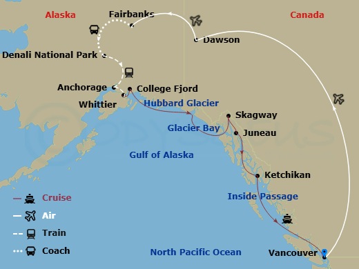 17 Night - Denali & Yukon Y1l - Tour Y1l - Nieuw Amsterdam Tours - Starting in Vancouver, BC, CA, Dawson City, Fairbanks, Denali National Park, Anchorage, Alaska, Whittier, Alaska, Cruising Hubbard Glacier, Glacier Bay, Skagway, Alaska, Juneau, Alaska, Ketchikan, Alaska, Scenic Cruising the Inside Passage, Vancouver, BC, CA itinerary map