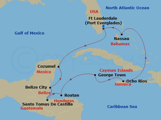 11 Night - The Americas & Caribbean - Crystal Symphony - Starting in Fort Lauderdale, Cozumel, Quintana Roo, Belize City, Santo Tomas, Roatan Island, George Town (Grand Cayman), Ocho Rios, Jamaica, Nassau (Paradise Island), Fort Lauderdale itinerary map