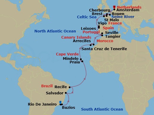 31 Night - South America, Canary Islands, Spain & France - Seabourn Venture - Starting in Rio De Janeiro, Brazil, Armacao dos Buzios, Brazil, Salvador da Bahia, Brazil, Recife, Brazil, Praia, Ilha de Santiago, Cape Verde, Mindelo, Cape Verde, Santa Cruz de Tenerife, Arrecife, Lanzarote, Canary Islands, Spain, Tangier, Morocco, Seville, Spain, Leixoes (Porto), Portugal, Vigo, Spain, Brest, France, St Malo (Le Mont Saint Michel), France, Cherbourg (Normandy), France, Rouen (Paris), France, Scenic Cruising Seine River, Amsterdam, the Netherlands itinerary map