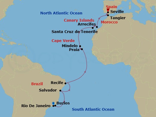 21 Night - South America, Canary Islands & Spain - Seabourn Venture - Starting in Rio De Janeiro, Brazil, Armacao dos Buzios, Brazil, Salvador da Bahia, Brazil, Recife, Brazil, Praia, Ilha de Santiago, Cape Verde, Mindelo, Cape Verde, Santa Cruz de Tenerife, Arrecife, Lanzarote, Canary Islands, Spain, Tangier, Morocco, Seville, Spain itinerary map