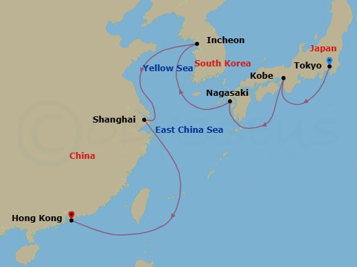 12 Night - Tokyo / Hong Kong - Luminara - Starting in Tokyo, Osaka (Kobe), Nagasaki, Incheon (Seoul), Shanghai, Hong Kong itinerary map