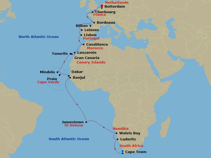 35 Night - Grand World Voyage - Volendam - Starting in Cape Town, South Africa, Luderitz, Namibia, Walvis Bay, Namibia, Jamestown, Saint Helena, Banjul, Gambia, Dakar, Senegal, Praia, Ilha de Santiago, Cape Verde, Mindelo, Cape Verde, Santa Cruz de Tenerife, Las Palmas, Gran Canaria, Canary Islands, Spain, Arrecife, Lanzarote, Canary Islands, Spain, Casablanca, Morocco, Lisbon, Portugal, Leixoes (Porto), Portugal, Bilbao, Bordeaux, France, Cherbourg (Normandy), France, Rotterdam, the Netherlands itinerary map