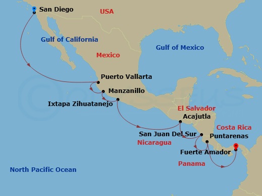 11 Night - The Americas & Caribbean - Crystal Serenity - Starting in San Diego, Puerto Vallarta, Manzanillo, Zihuatanejo, Acajutla, San Juan del Sur, Puntarenas, Fuerte Amador (Panama City) itinerary map