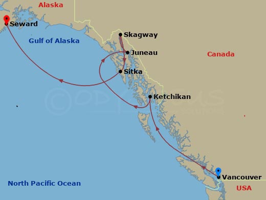7 Night - Alaska from Vancouver to Seward - Crystal Serenity - Starting in Vancouver, Seymour Narrows, British Columbia, Ketchikan, Juneau, Alaska, Skagway, Alaska, Sitka, Alaska, Cruise Hubbard Glacier, Alaska, Seward itinerary map