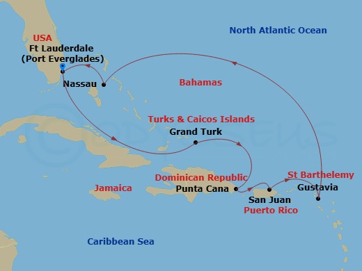 9 Night - The Americas & Caribbean - Crystal Symphony - Starting in Fort Lauderdale, Grand Turk, Punta Cana, San Juan, Gustavia, St Barthelemy, Nassau (Paradise Island), Fort Lauderdale itinerary map