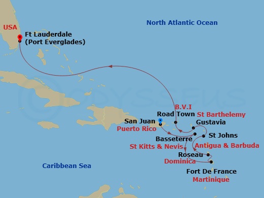 9 Night - The Americas & Caribbean - Crystal Symphony - Starting in San Juan, St Kitts (Basseterre), Fort-de-France, Roseau, St Johns, Gustavia, St Barthelemy, Road Town, Fort Lauderdale itinerary map