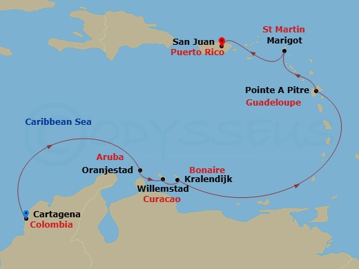 8 Night - The Americas & Caribbean - Crystal Symphony - Starting in Cartagena CO, Oranjestad, Aruba, Willemstad AN, Kralendijk, Pointe-a-Pitre, French West Indies, Marigot, St Martin, San Juan itinerary map